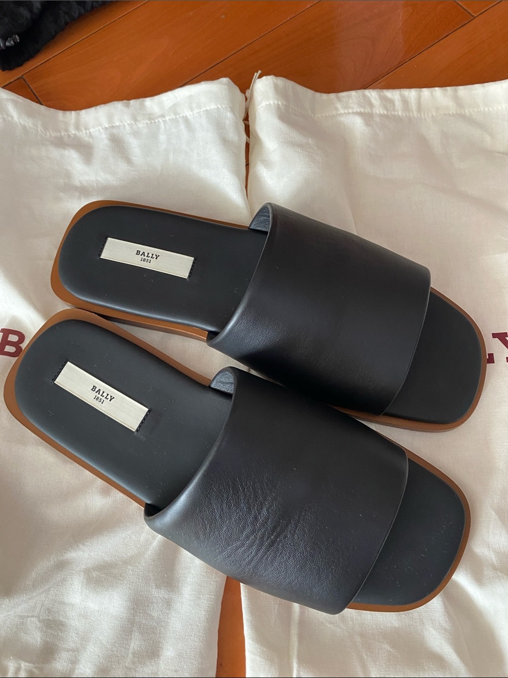 Bally Black Leather Slide Sandals with Brown Trim